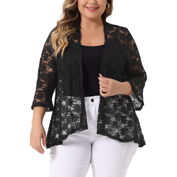DARING DIVA Women's Plus Open Front 3/4 Sleeve Sheer Lace Cardigan 2X Black