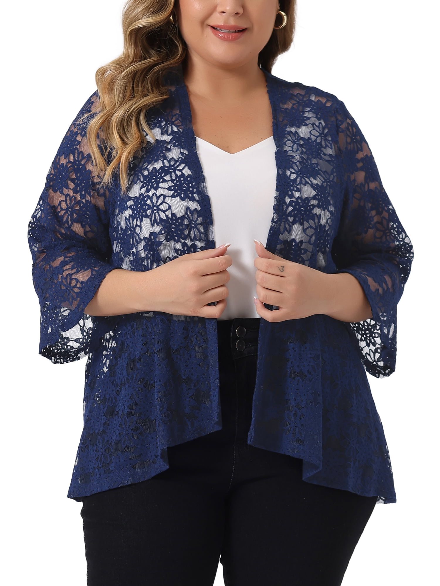 Unique Bargains Women s Plus Size Casual Open Front 3 4 Sleeve Sheer Lace Cardigan 2X Blue