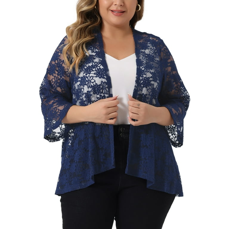 Unique Bargains Women s Plus Size Casual Open Front 3 4 Sleeve Sheer Lace Cardigan 2X Blue Walmart