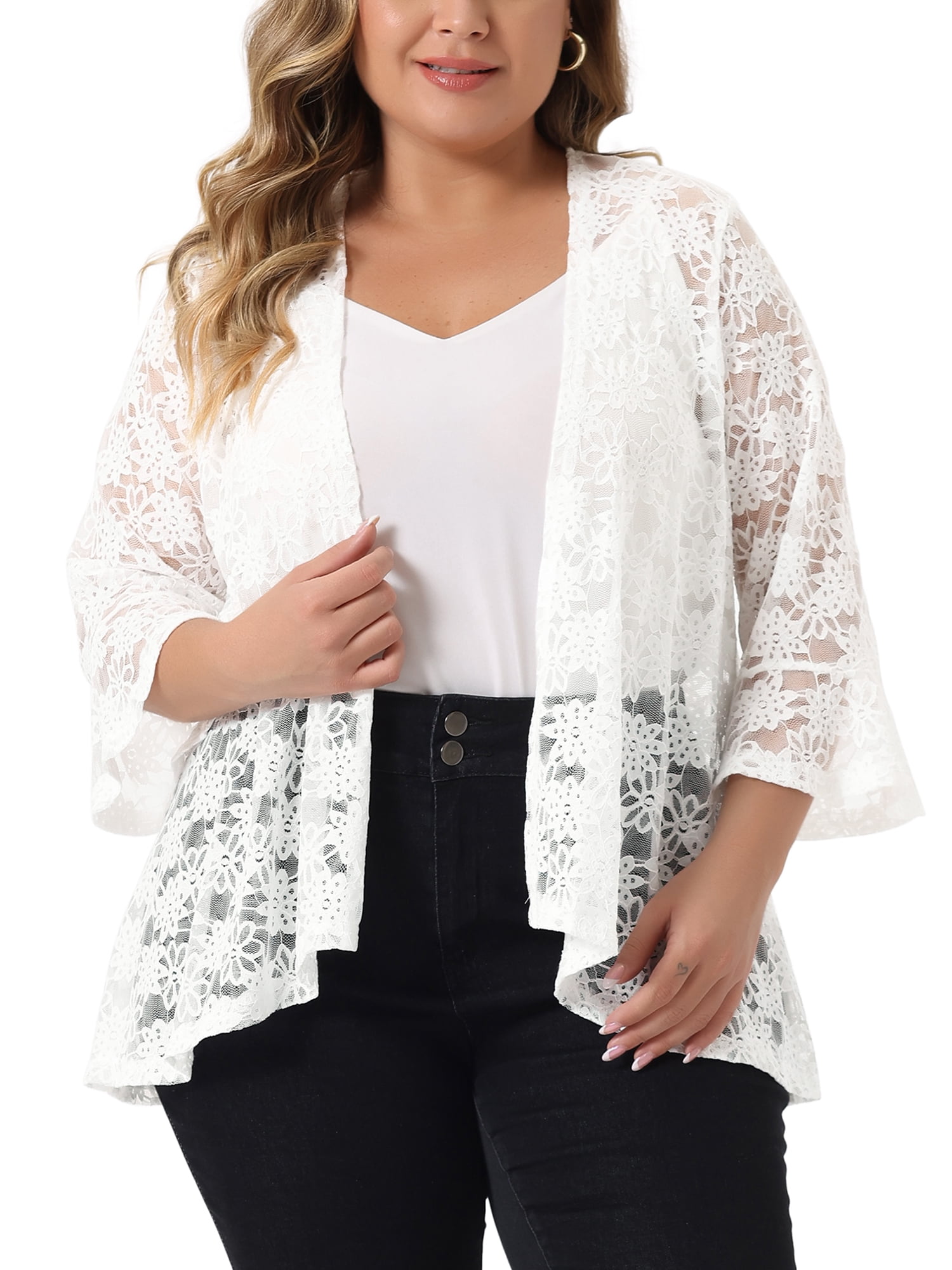 DARING DIVA Women's Plus Size Open Front 3/4 Sleeve Sheer Lace Cardigan 2X White