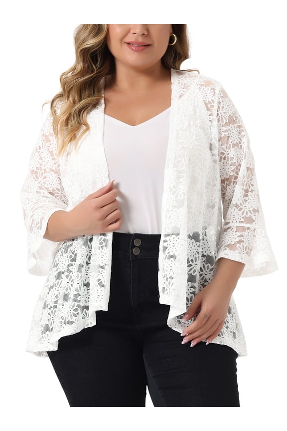 Women's Plus Open Front 3/4 Sleeve Sheer Lace Cardigan 2X White