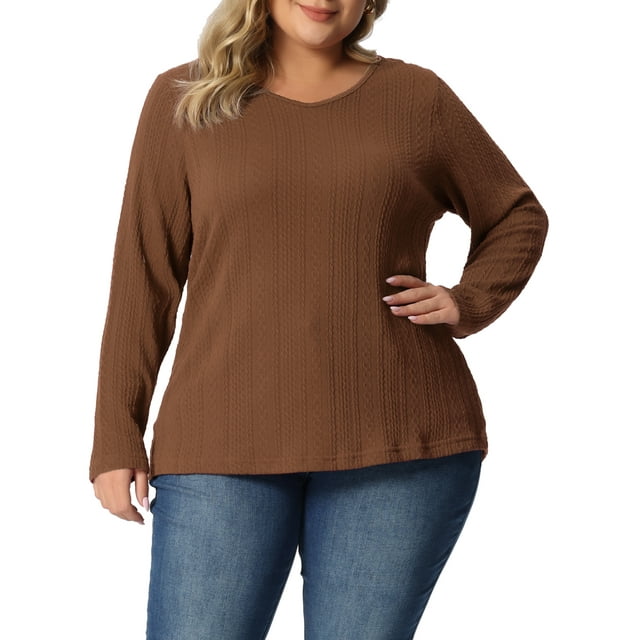 Unique Bargains Womens Plus Size Casual Round Neck Long Sleeve Knit