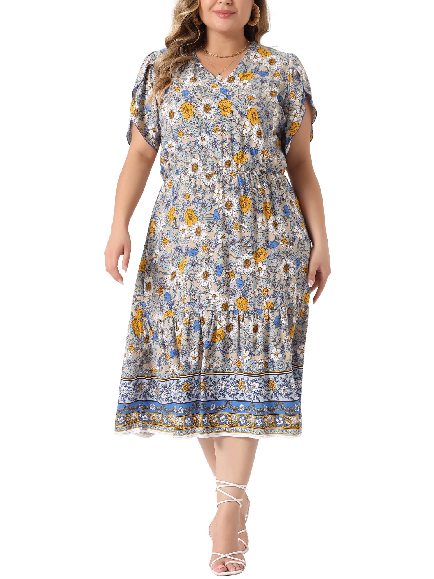 DARING DIVA Plus Size V Neck Short Sleeve Floral Midi Dress 1X Beige