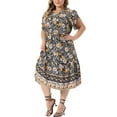 thumbnail image 1 of DARING DIVA Plus Size V Neck Short Sleeve Floral Midi Dress 1X Black, 1 of 6