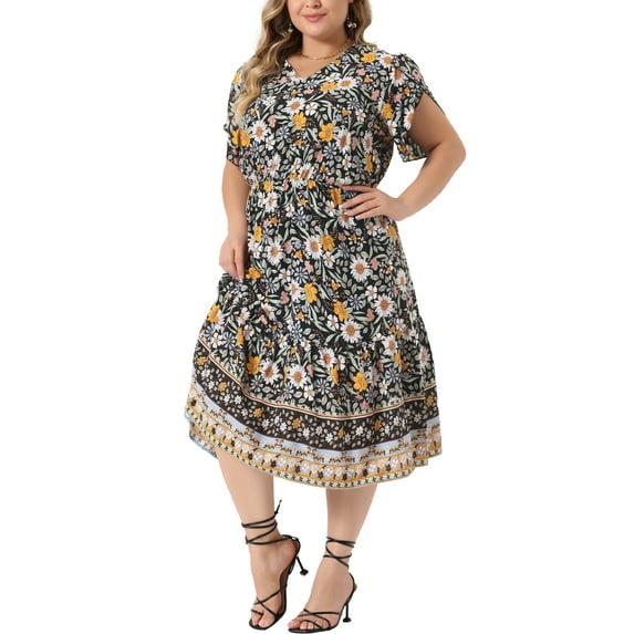 DARING DIVA Plus Size V Neck Short Sleeve Floral Midi Dress 2X Black