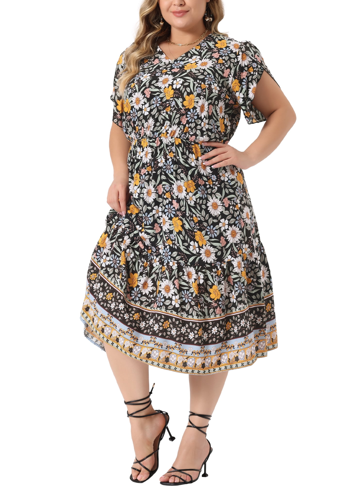 DARING DIVA Plus Size V Neck Short Sleeve Floral Midi Dress 4X Black