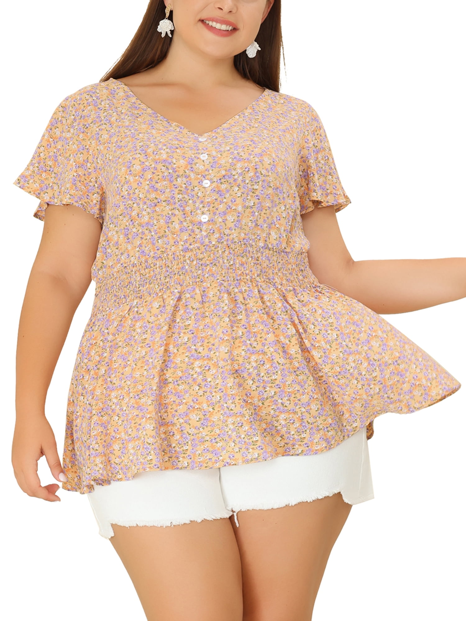 Unique Bargains Women's Plus Size Casual V Neck Smocked Waist Floral Peplum Blouses 4X Yellow
