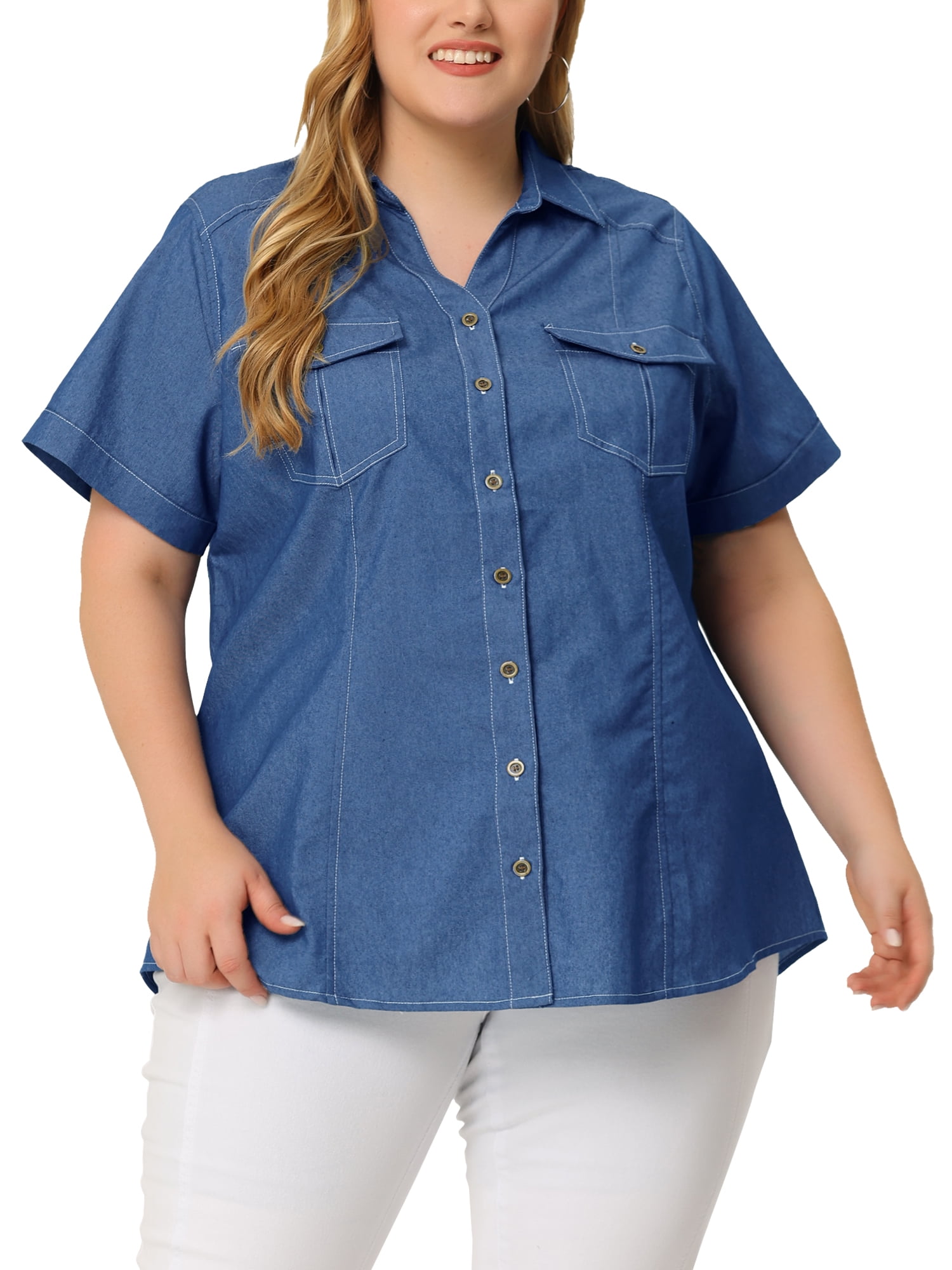 Unique Bargains Women's Plus Size Chambray Shirt Denim Shirts