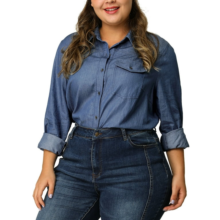 Unique Bargains Women's Plus Size Chest Pocket Long Sleeve Denim Chambray  Shirt 1X Blue