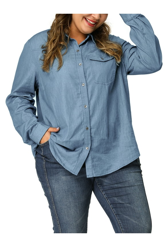 Women's Plus Chest Pocket Long Sleeve Denim Chambray Shirt 1X Light Blue