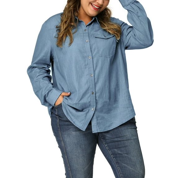 DARING DIVA Women's Plus Chest Pocket Long Sleeve Denim Chambray Shirt 2X Light Blue