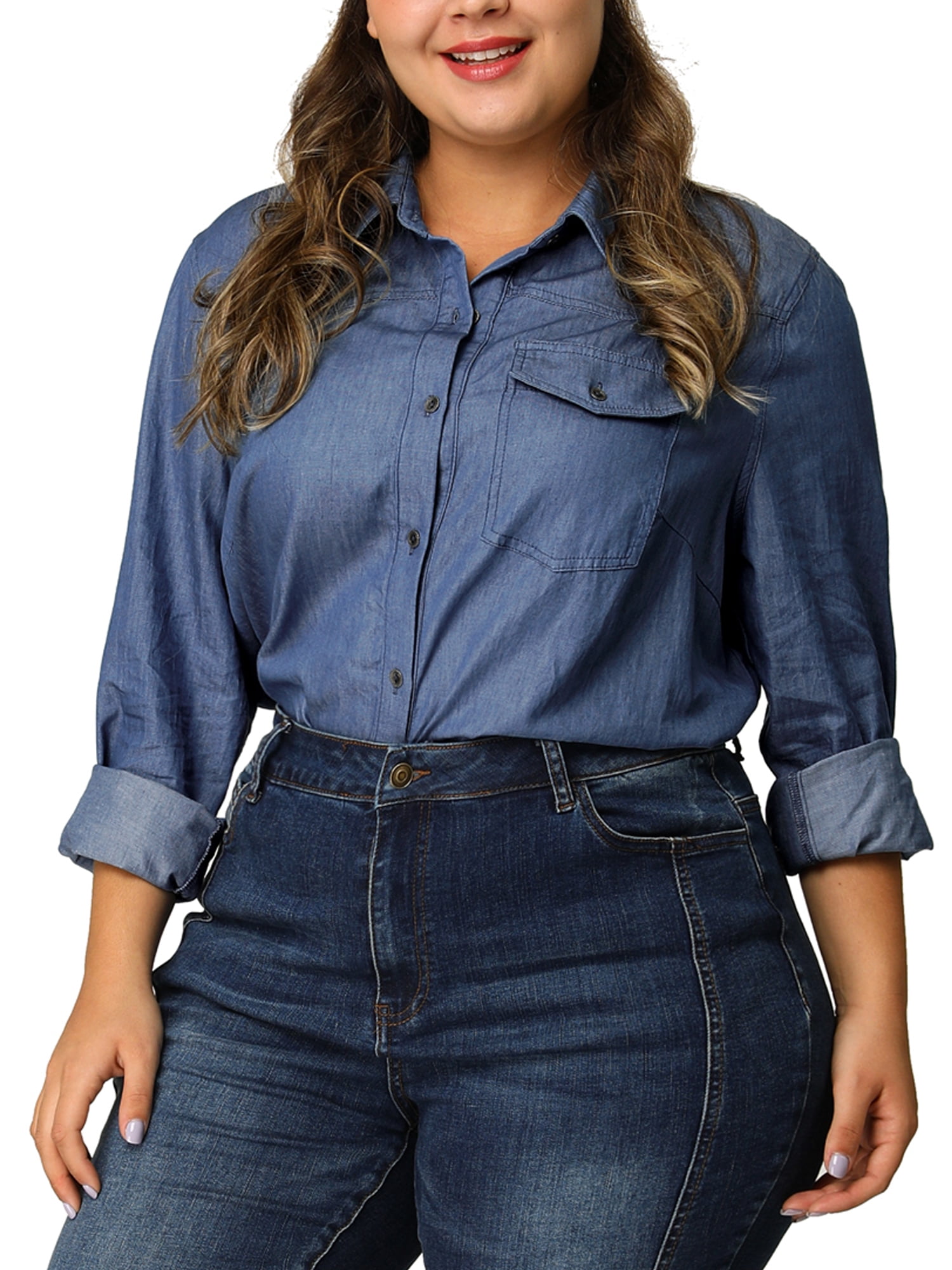 DARING DIVA Women's Plus Chest Pocket Long Sleeve Denim Chambray Shirt 3X Blue