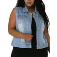 thumbnail image 1 of Unique Bargains Women's Plus Size Chest Pockets Single Breasted Denim Sleeveless Jacket, 1 of 8