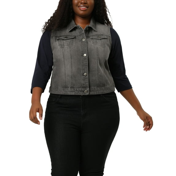 Unique Bargains Women's Plus Size Chest Pockets Single Breasted Denim Sleeveless Jacket