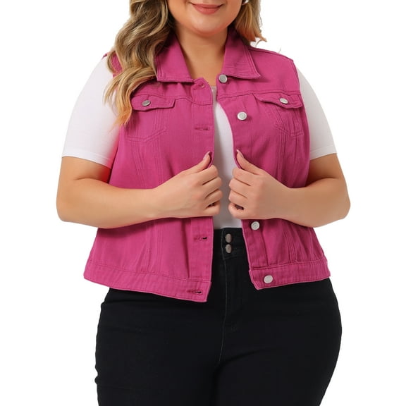 Unique Bargains Women's Plus Size Chest Pockets Single Breasted Denim Sleeveless Jacket
