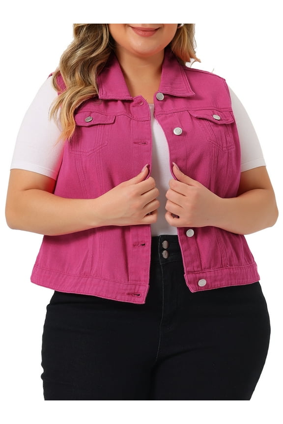 Women's Plus Size Chest Pockets Single Breasted Denim Sleeveless Jacket