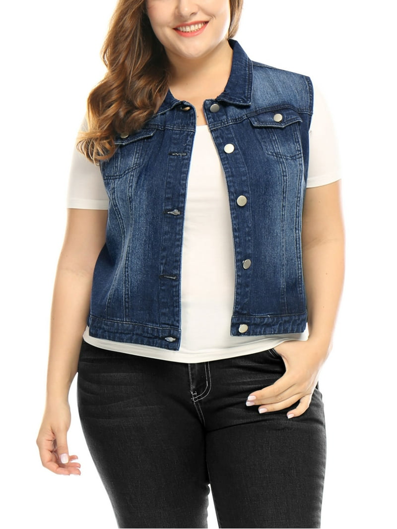 Unique Bargains women's Plus Size Denim Sleeveless Jacket