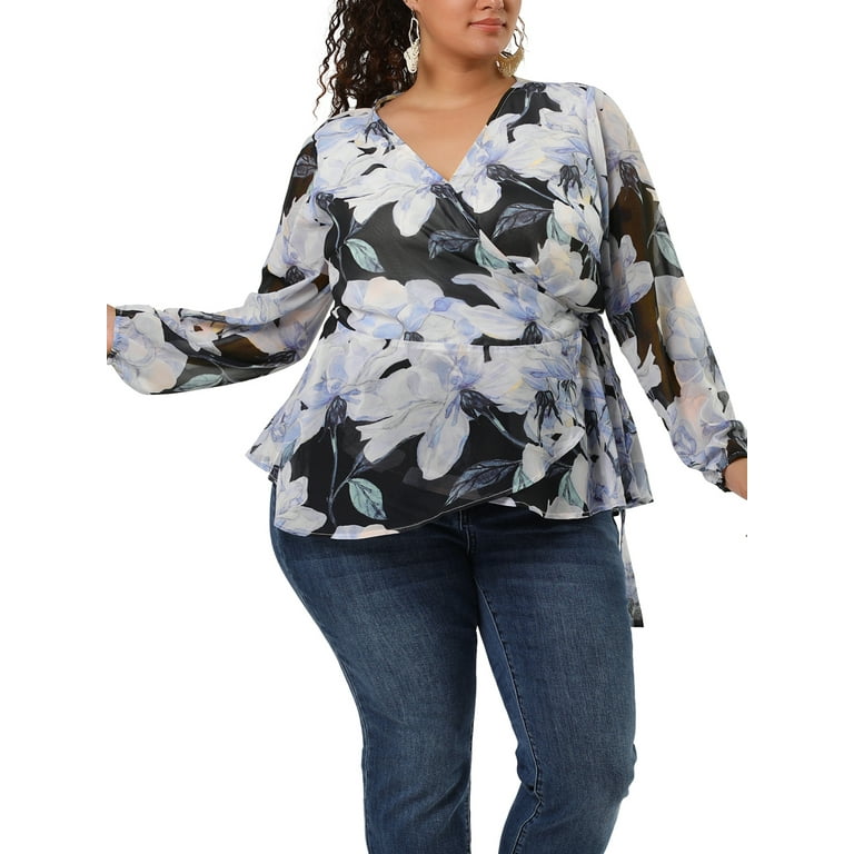 Unique Bargains Women s Plus Size Chiffon Blouse Ruffle Hem Floral