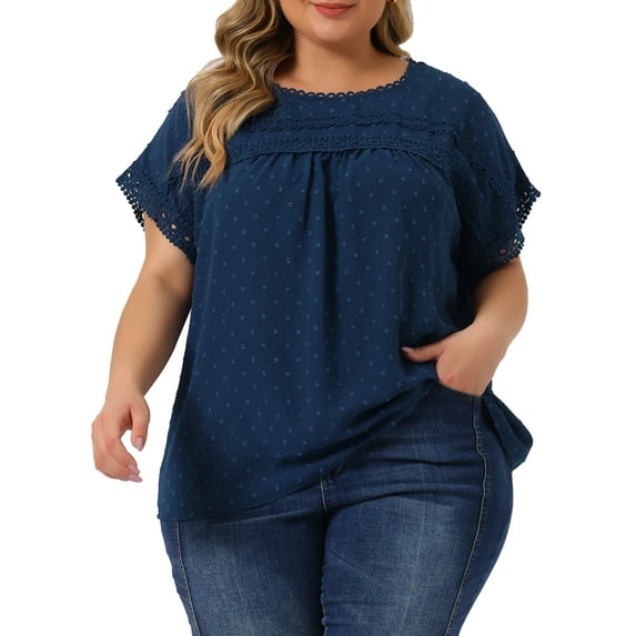 Unique Bargains Women's Plus Size Chiffon Blouse Swiss Dot Short Sleeve Lace Pleated Top Dark Blue 1X