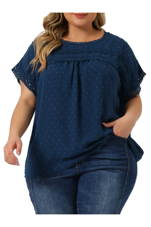 Women's Plus Size Chiffon Blouse Swiss Dot Short Sleeve Lace Pleated Top Dark Blue 1X