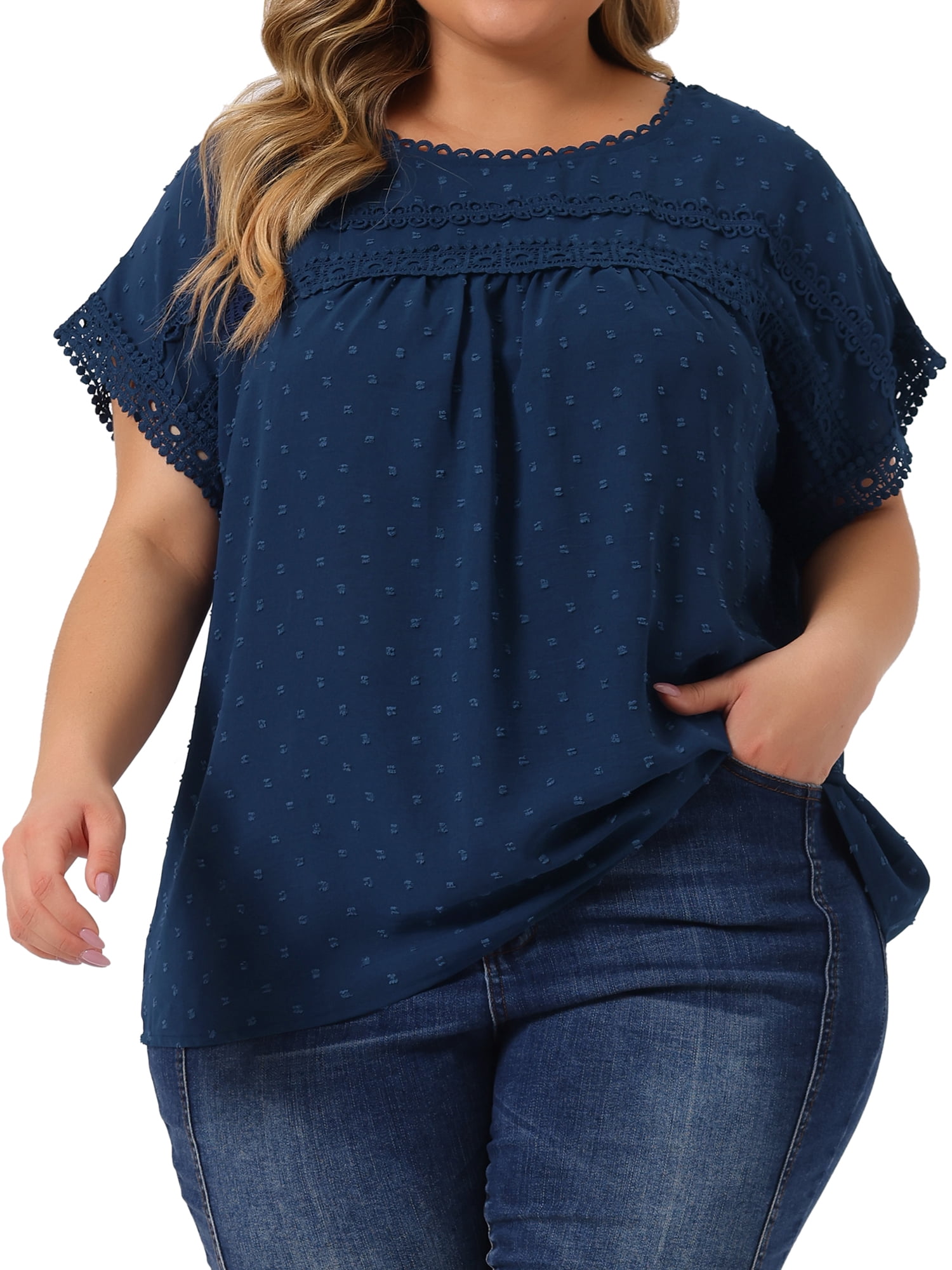Women's Plus Tops with Swiss Dots Crew Neck Short Sleeve Casual Blouses 4X Dark Blue