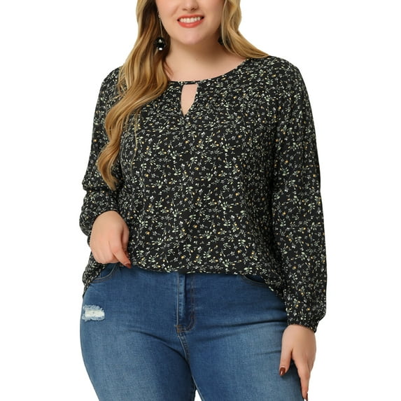 Unique Bargains Women's Plus Size Chiffon Keyhole Long Sleeve Retro Ditsy Floral Top 3X Black