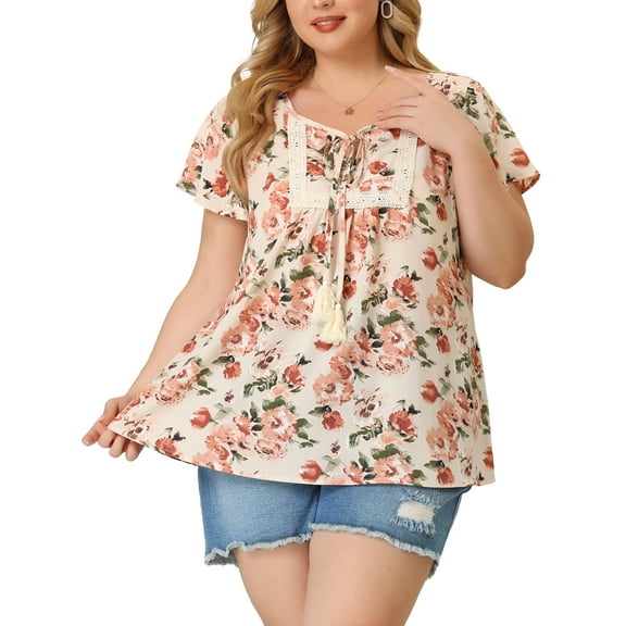 Unique Bargains Women's Plus Size Chiffon Tie-Neck Tassel Flare Sleeve Floral Tops 1X Apricot