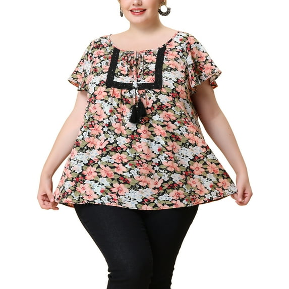 Unique Bargains Women's Plus Size Chiffon Tie-Neck Tassel Flare Sleeve Floral Tops 1X Black