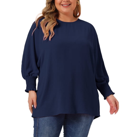 Unique Bargains Women's Plus Size Chiffon Tops Batwing Ruffle Long Sleeve Loose Blouses 2X Navy Blue