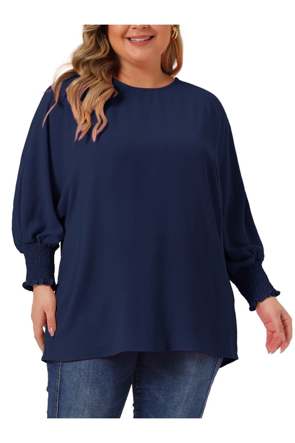 Women's Plus Size Chiffon Tops Batwing Ruffle Long Sleeve Loose Blouses 2X Navy Blue