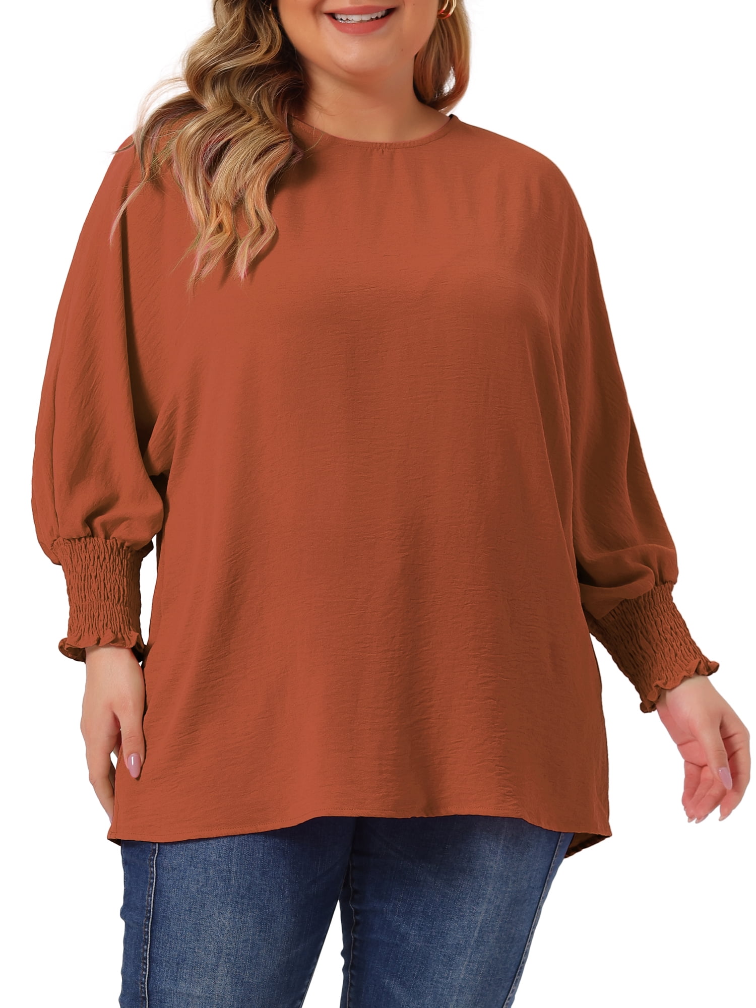 Unique Bargains Women's Plus Size Chiffon Tops Batwing Ruffle Long Sleeve Loose Blouses 3X Caramel