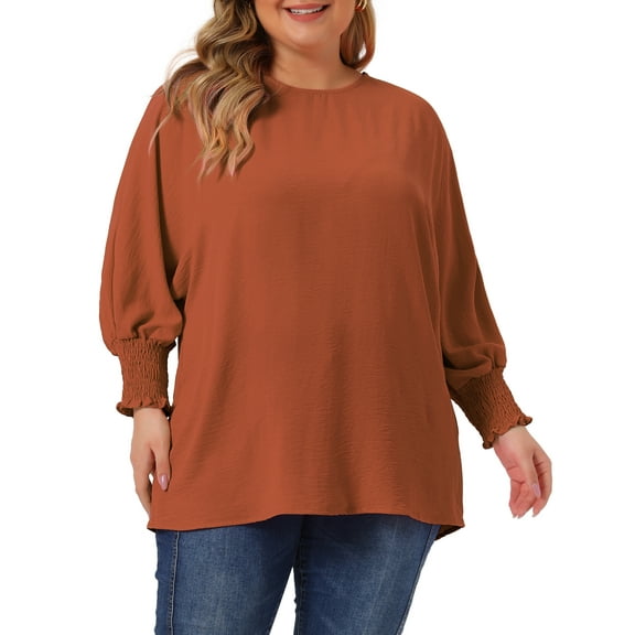 Unique Bargains Women's Plus Size Chiffon Tops Batwing Ruffle Long Sleeve Loose Blouses 3X Caramel