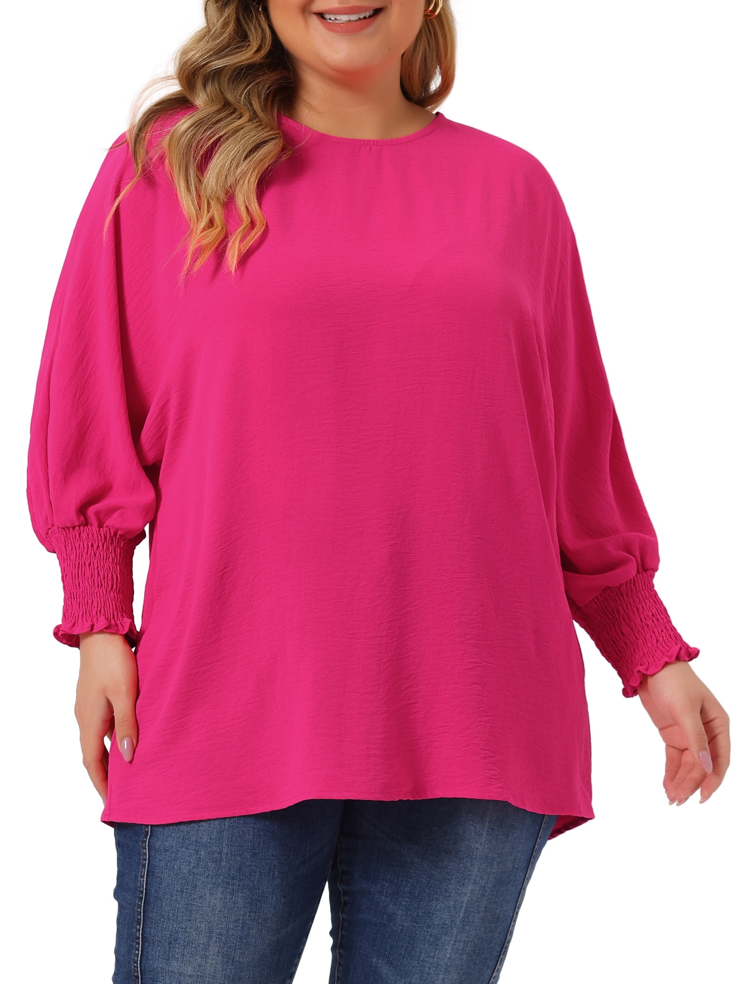 Unique Bargains Women's Plus Size Chiffon Tops Batwing Ruffle Long Sleeve Loose Blouses 3X Hot Pink