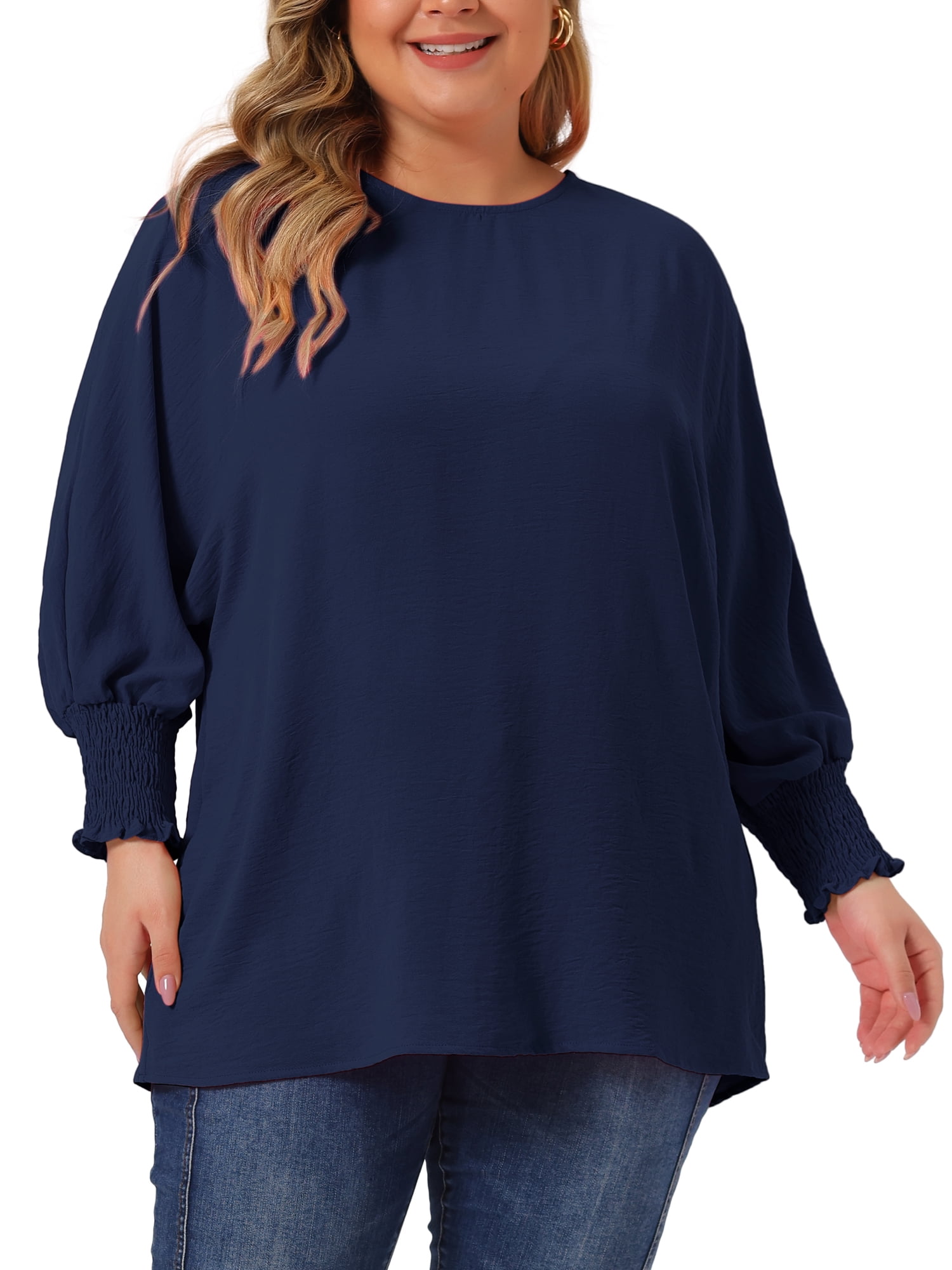Unique Bargains Women's Plus Size Chiffon Tops Batwing Ruffle Long Sleeve Loose Blouses 3X Navy Blue