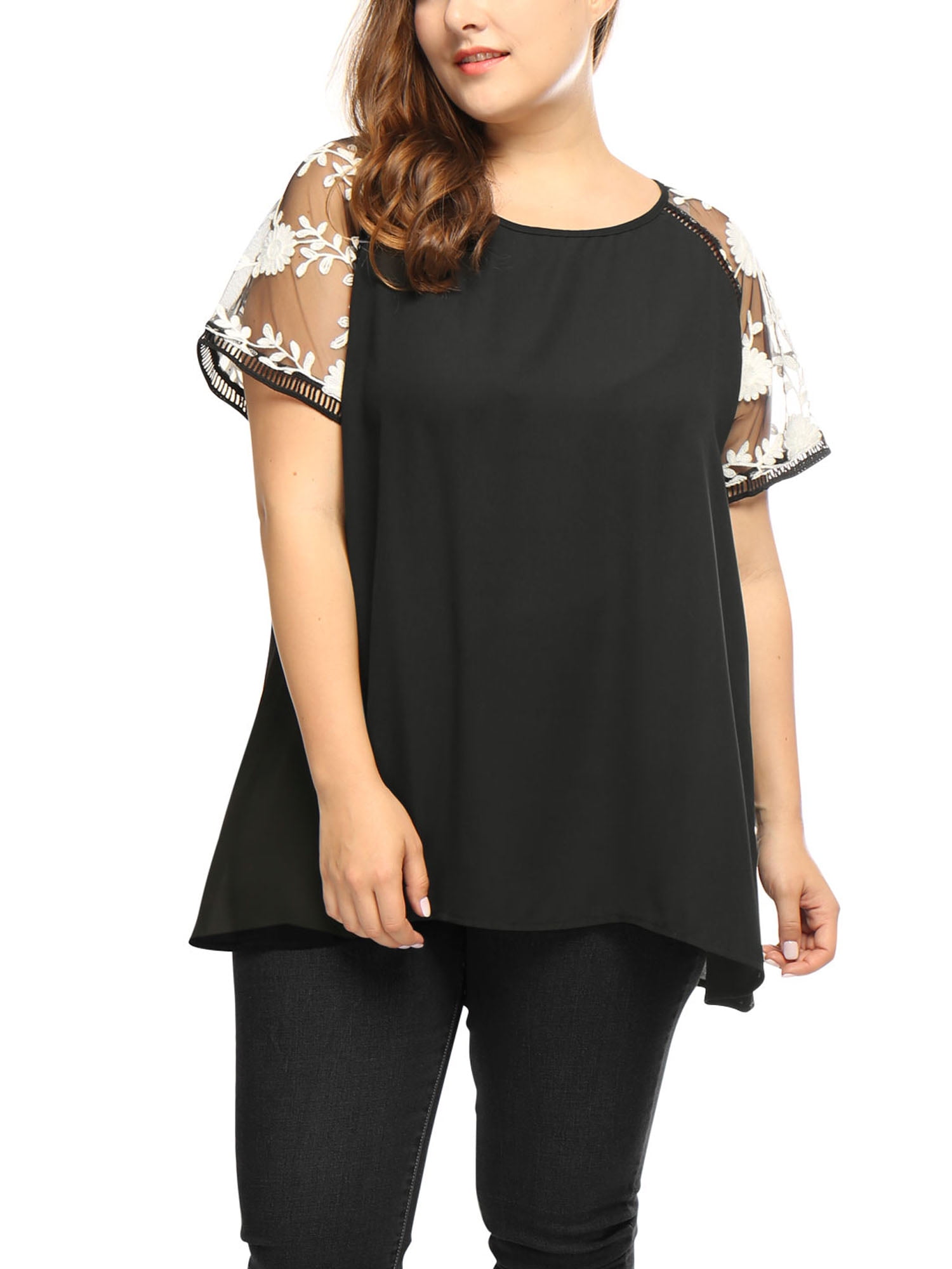 Unique Bargains Women's Plus Size Crochet Mesh Panel Sheer Raglan Sleeve Top 3X Black