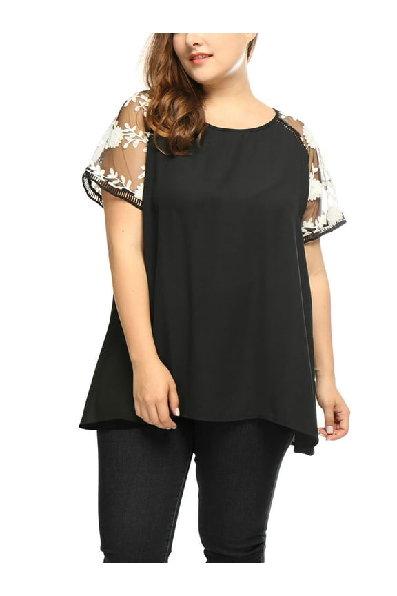 Women's Plus Size Crochet Mesh Panel Sheer Raglan Sleeve Top 3X Black