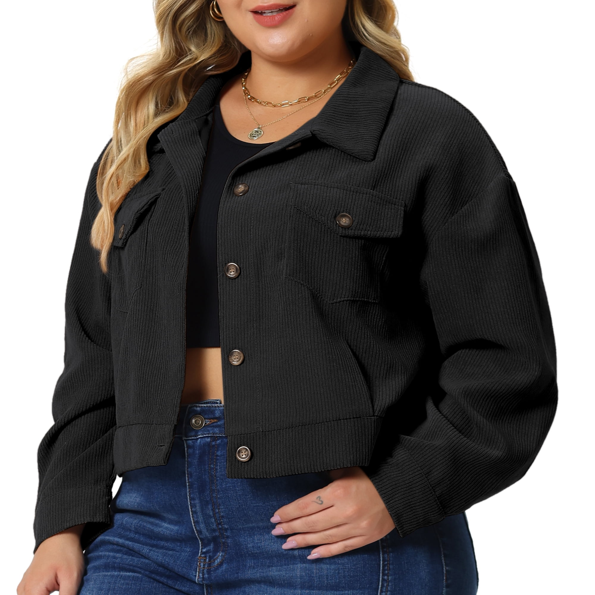 DARING DIVA Women's Plus Size Button Down Long Sleeve Shacket Jacket 2X Black
