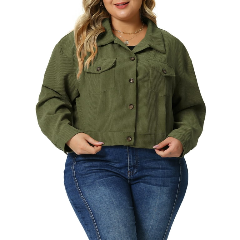 Unique Bargains Women s Plus Size Cropped Button Down Corduroy Shacket Jackets 3X Army Green Walmart