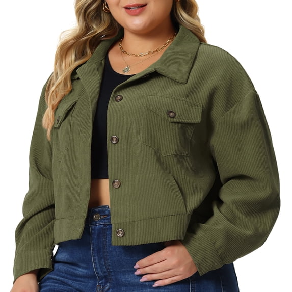 DARING DIVA Women's Plus Size Button Down Long Sleeve Shacket Jacket 3X Army Green