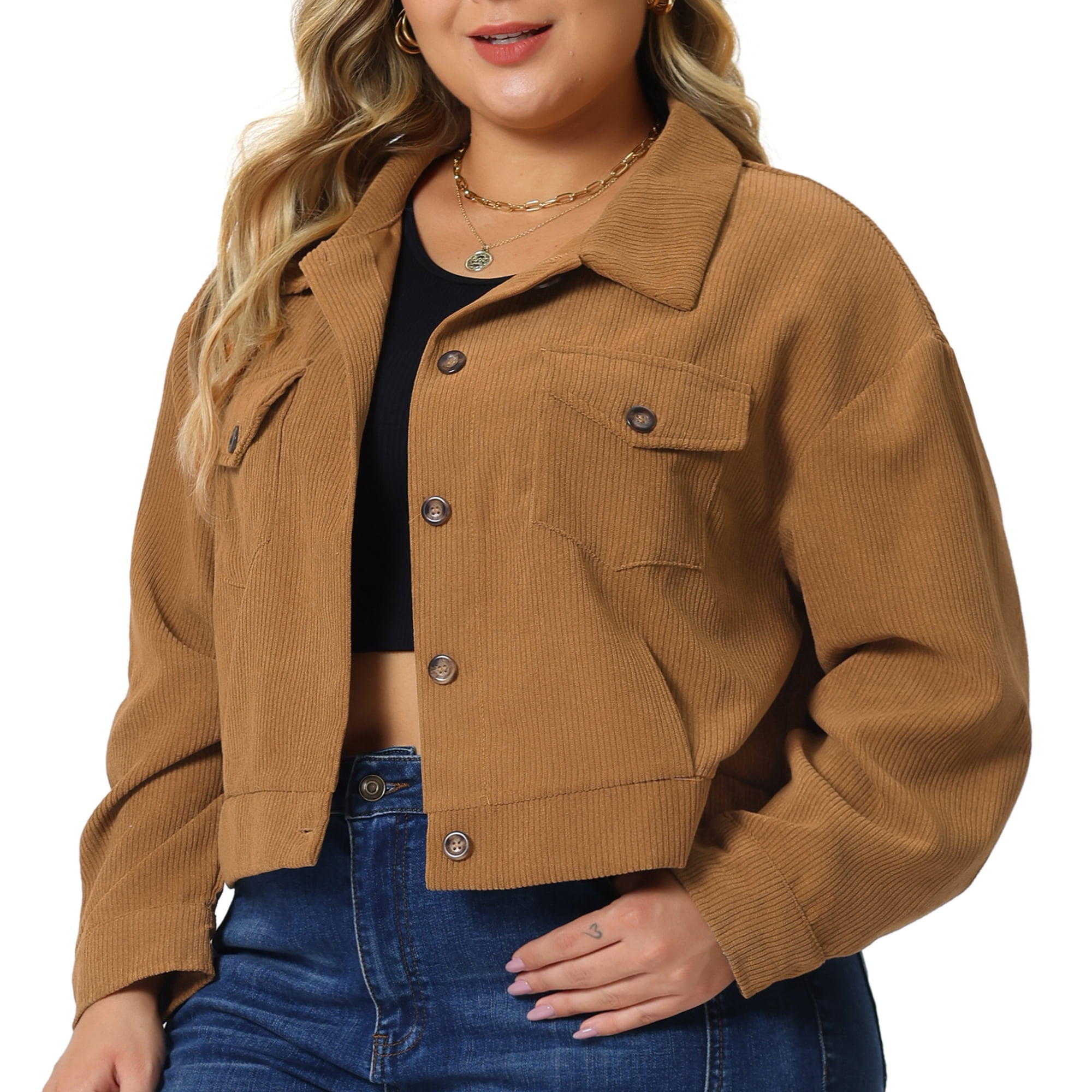DARING DIVA Women's Plus Size Button Down Long Sleeve Shacket Jacket 4X Brown