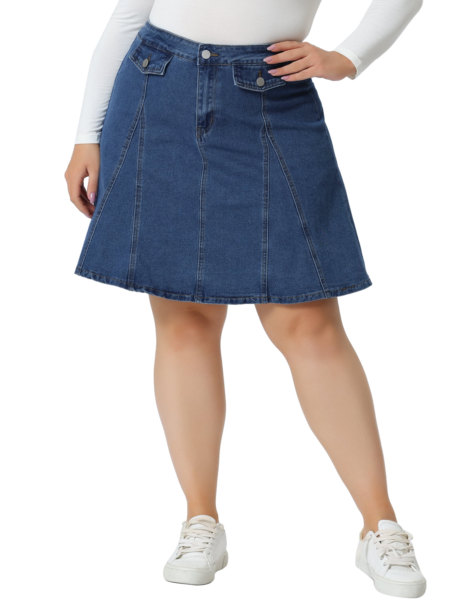 Unique Bargains Women's Plus Size Denim A-line Jean Buttons Faux Pockets Mini Skirts 1X Mid Blue