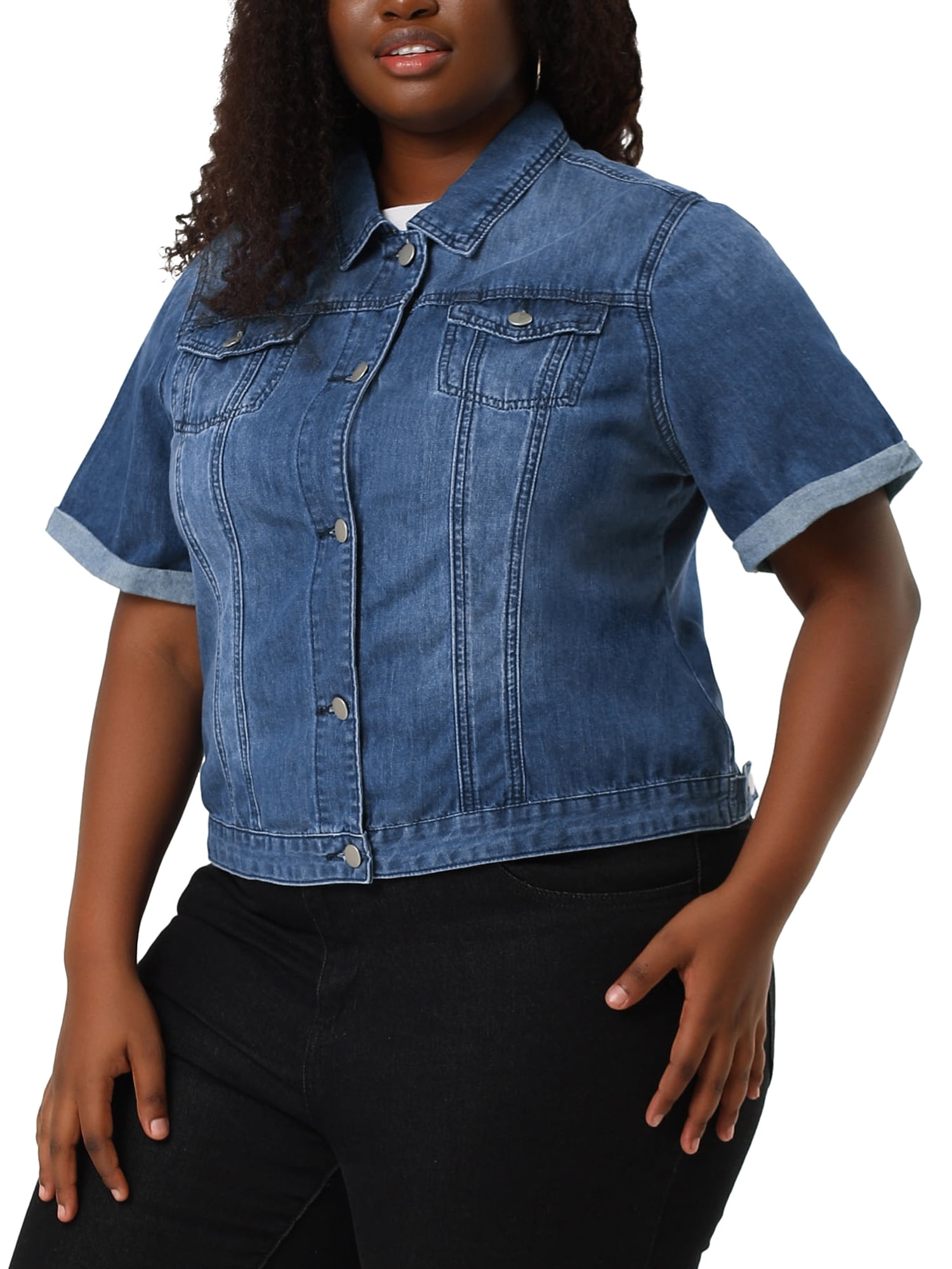Unique Bargains Women's Plus Size Denim Button Short Sleeve Trucker Crop  Jackets 