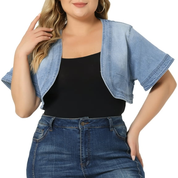 Unique Bargains Women's Plus Size Denim Cardigan Crop Short Sleeve Jean Jacket Shrug Light Blue 2X