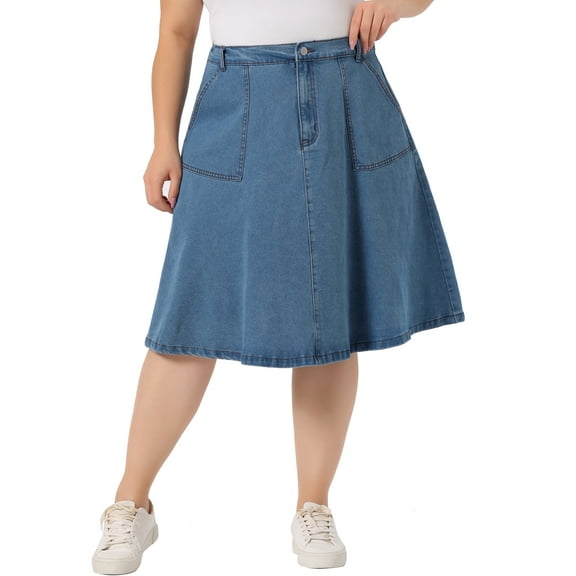 Unique Bargains Women's Plus Size Denim Casual A-Line Midi Skirt with Pockets