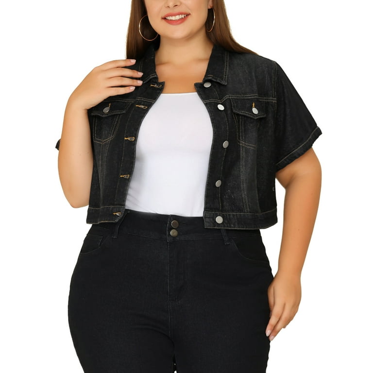 Unique Bargains Women's Plus Size Denim Cropped Wash Short Sleeves Jean  Jacket 