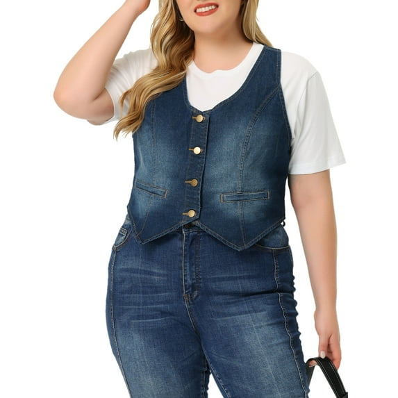 Unique Bargains Women's Plus Size Denim Jacket Button Up Vintage Jean Waistcoat Vest 1X Blue