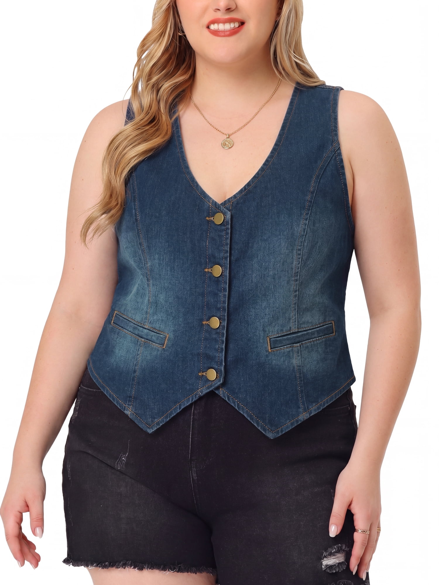 DARING DIVA Women's Plus Size Button Down V Neck Sleeveless Jean Waistcoat 2X Blue