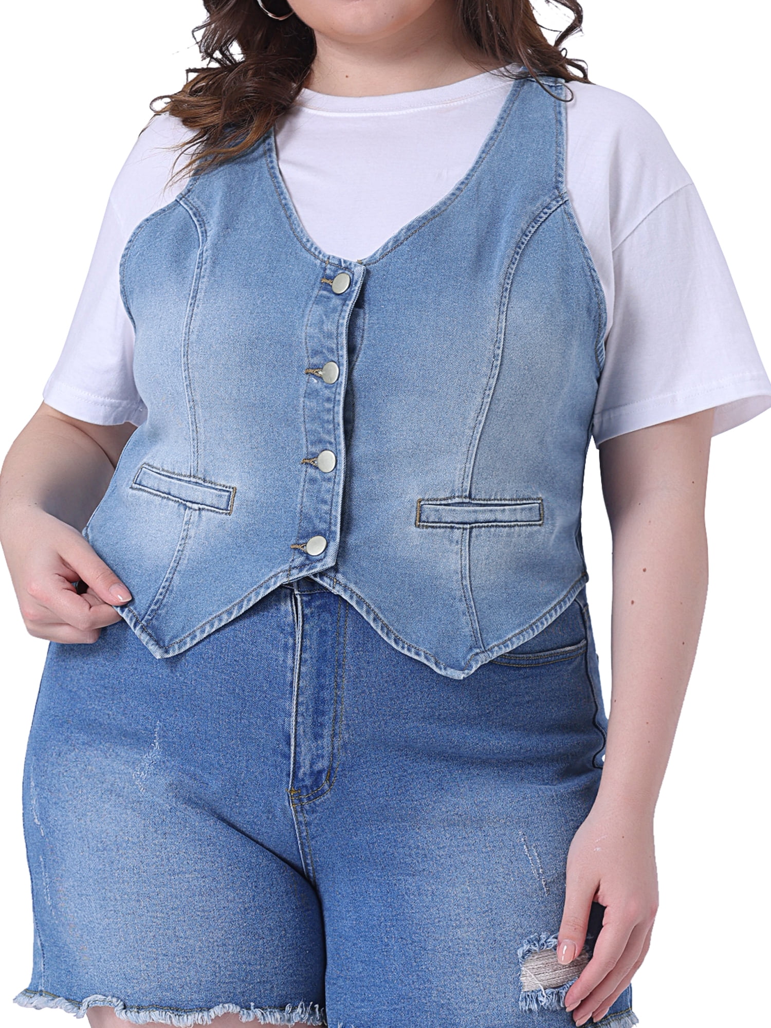 DARING DIVA Women's Plus Size Button Down V Neck Sleeveless Jean Waistcoat 3X Light Blue