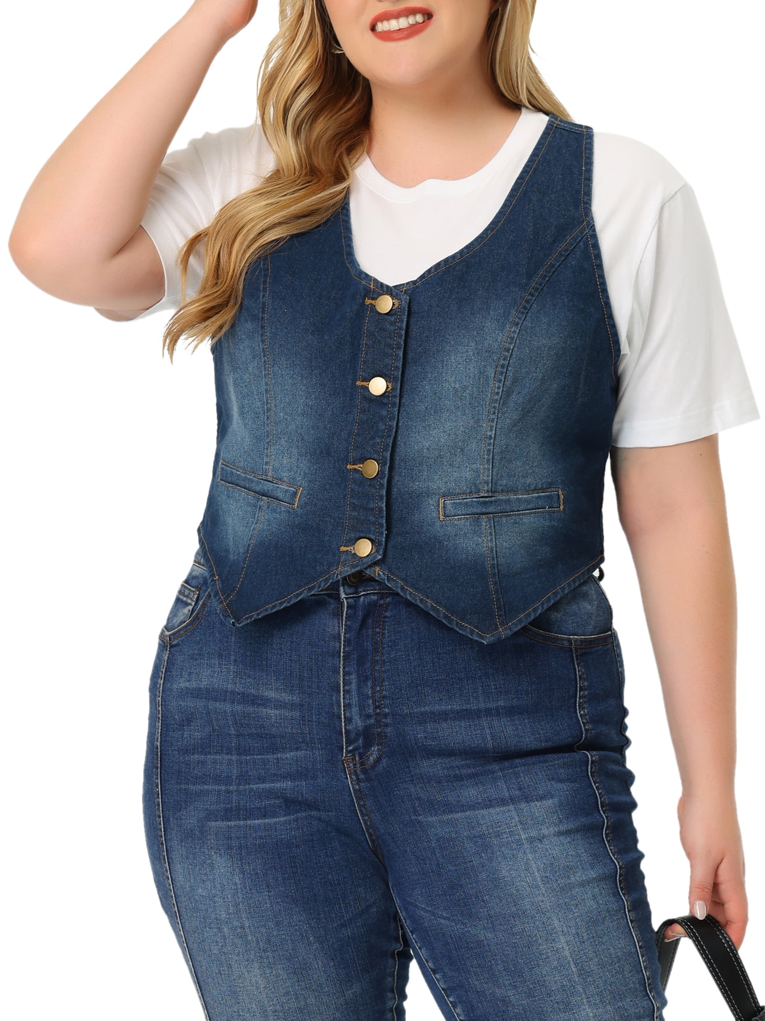 Unique Bargains Women s Plus Size Denim Jacket Button Up Vintage Jean Waistcoat Vest 4X Blue Walmart