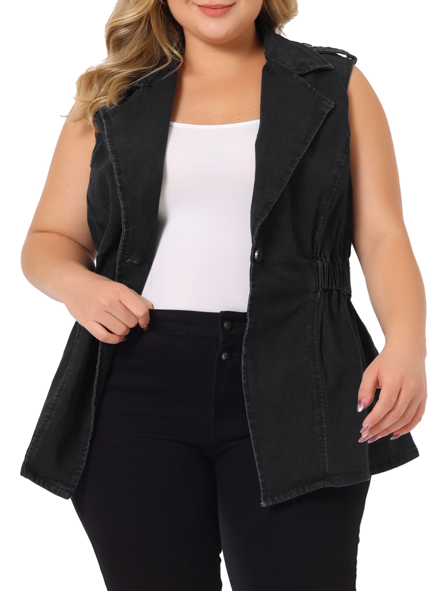 Denim Patchwork Sleeveless Vest With Pockets And V Neck Breathable Knit For Plus Size Women
